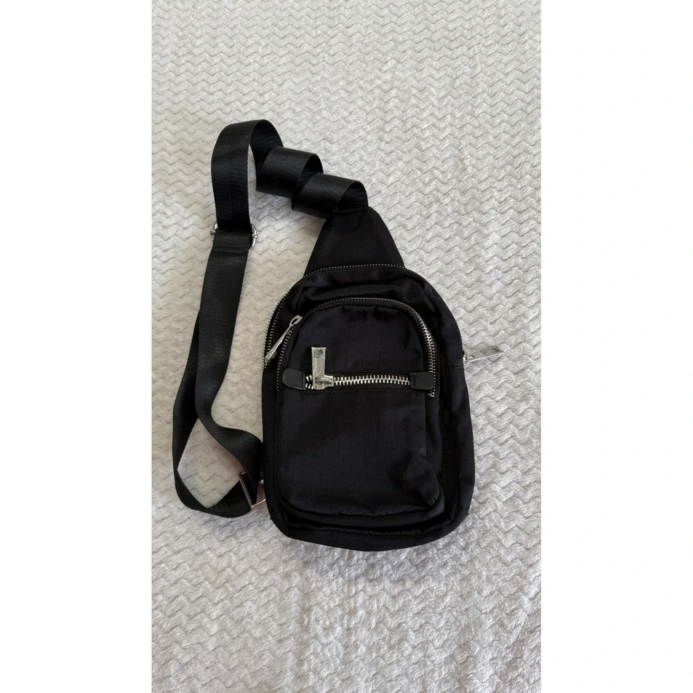 TopShop Black Nylon Sling Bag Crossbody Backpack Adjustable Silver Hardware